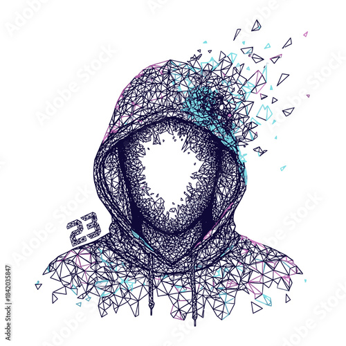 A captivating illustration portrays a person in a hoodie with a blank face, their form artistically disintegrating into a stunning mosaic of colorful geometric fragments.
