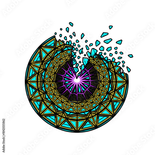 A vibrant geometric mandala design, intricately patterned with teal and gold, dramatically shatters into numerous pieces, symbolizing disruption and transformation.