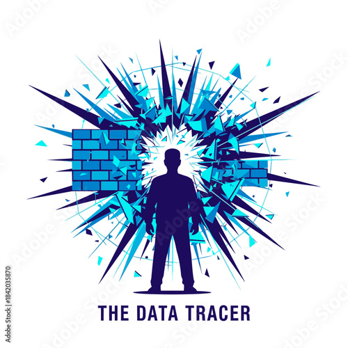 Silhouette of a person standing before a chaotic explosion of data and shattered bricks, symbolizing overcoming challenges.