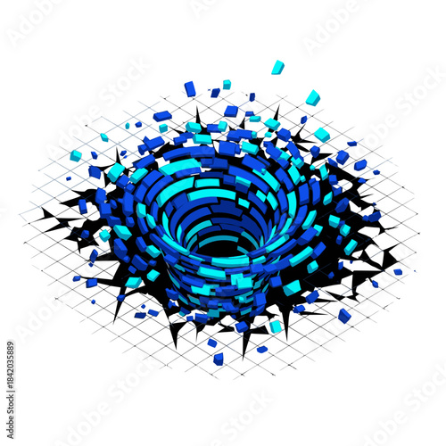 Abstract swirling vortex of blue and cyan blocks creating a gravitational pull on a grid.