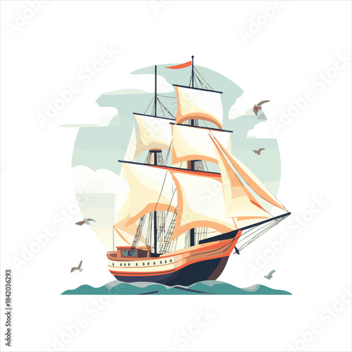 Sailing vessel illustration.  A vintage sailing ship at sea