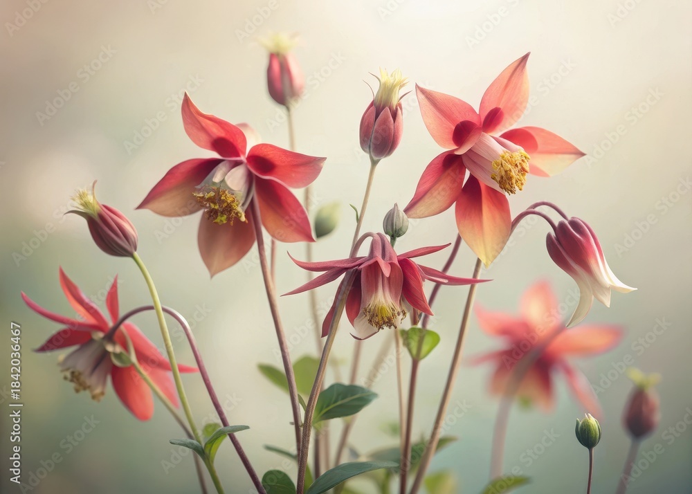 Obraz premium Flowers of wild columbine Aquilegia canadensis sway gently in a soft white light