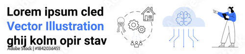 AI-powered cloud, smart home, gears, teamwork, and tech-savvy character in dynamic poses. Ideal for technology, automation, artificial intelligence, cloud computing teamwork innovation simple