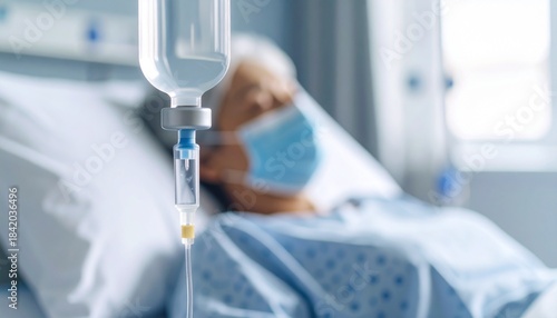 マスクを付けて入院中のシニア女性  病院のベッドに横たわり病気の治療を受ける高齢者のイメージ 