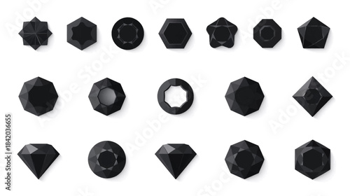 A collection of black faceted gemstones and jewels in various geometric shapes and cuts, isolated on a white background.