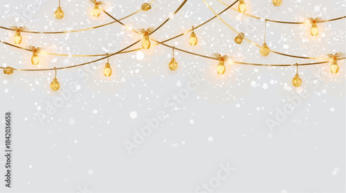 Golden string lights with glowing bulbs and subtle bokeh on a light background, creating a festive atmosphere.