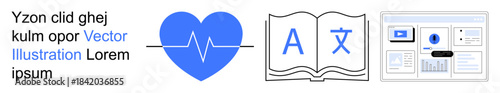Education, language learning, health apps, digital communication, technology, infographic concepts. A blue heart with a pulse line, a book with translation icons and a screen interface. Health apps