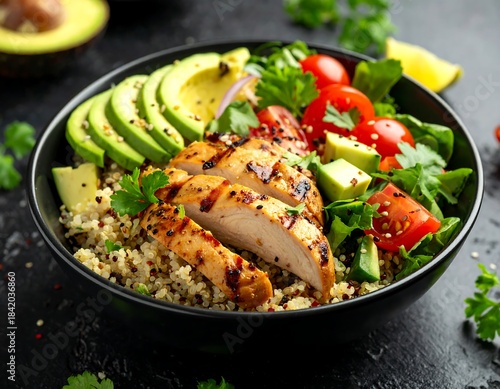 Close-up of a colorful bowl featuring chicken and vegetables