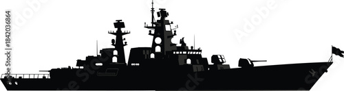 Modern warship silhouette vector illustration, naval destroyer profile, military vessel with radar, weapons, CAD drawing flat vector illustration, maritime defense concept