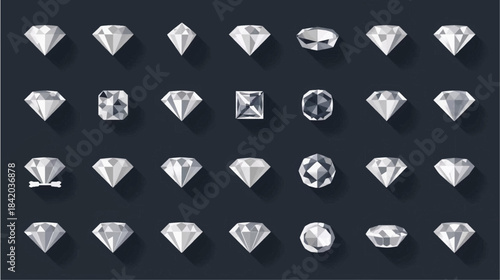A grid of various diamond shapes and cuts, showcasing different facets and angles in a flat design style on a dark background.