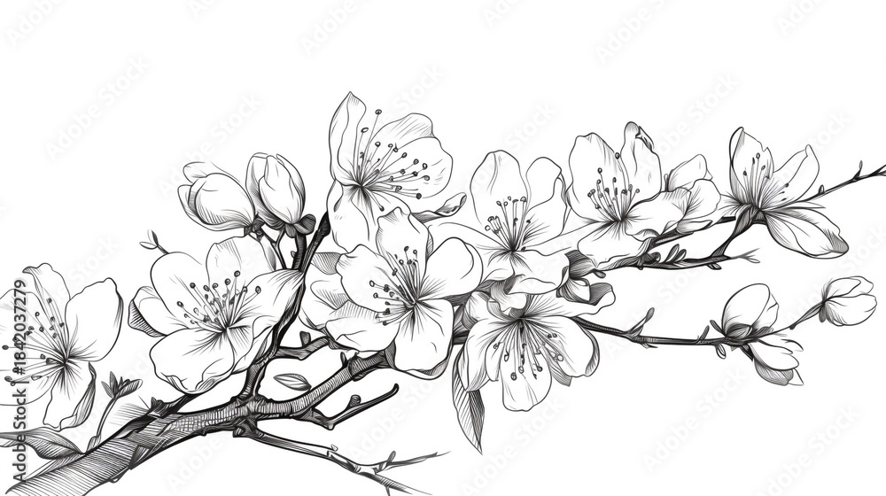 Fototapeta premium Black and white illustration of a blooming tree branch with flowers and buds