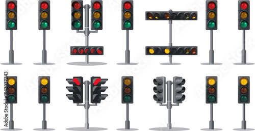 A comprehensive set of various traffic light designs and configurations, including vertical, horizontal, and arrow signals on poles.