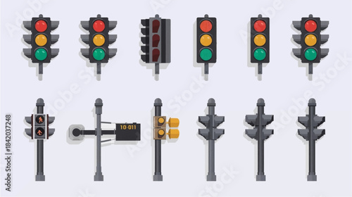 A collection of various traffic light designs and signals for road safety and urban infrastructure.