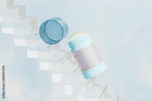 Glittery twist up cosmetic tube mockup, Rotating Solid skincare cream container with holographic sticker label, cylindrical containers for solid deodorants, skincare branding for gen Z concept image