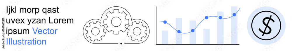 Fototapeta premium Financial analysis, data visualization, business strategy, corporate planning, investment goals, decision-making. Gears, bar chart with rising graph dollar symbol. Financial analysis and data