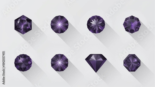 Eight purple faceted gemstones with various cuts and shapes, casting long shadows on a light background.