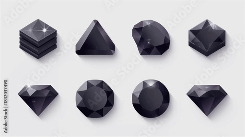 Eight black gemstones in various cuts and shapes, including square, triangle, oval, and round, on a light background.