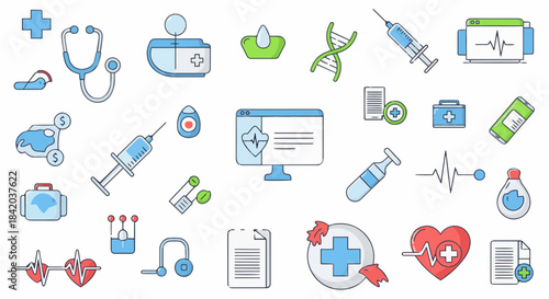 Collection of medical icons on transparent backgrounds for versatile digital use