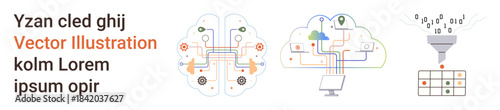 Artificial intelligence, cloud computing, data analysis, machine learning, digital transformation, information processing. Visuals include a brain, cloud and data funnel. Artificial intelligence