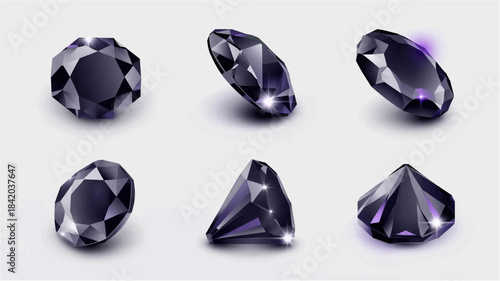 Six dark, faceted gemstones, possibly black diamonds, showcasing various cuts and sparkling reflections on a light background.