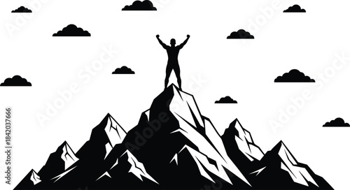 Mountain summit silhouette vector, person on peak, victory pose, nature illustration, achievement concept, black icon, outdoor success design