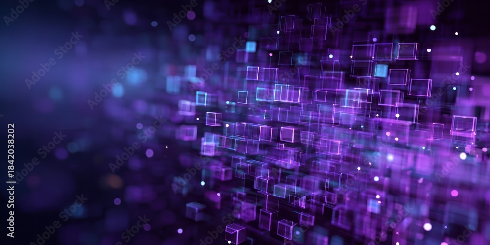 Obraz premium Abstract digital particles and geometric shapes glow in deep purple.