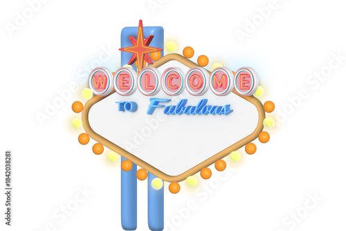 Empty Welcome To Sign With Glowing Light Bulb and Neon Stars. Ready to use. Perfect for layout use in marketing, showcase, sale, shopping discounts and travel destinations