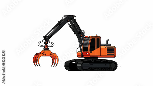Vibrant Orange Grapple Excavator: Heavy Industrial Tracked Machine with Powerful Hydraulic Claw, Isolated Illustration