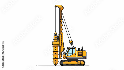 Heavy Duty Yellow Tracked Drilling Rig for Construction Projects - Flat Vector Illustration