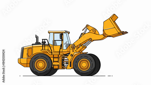 Powerful Yellow Wheel Loader Illustration with Raised Bucket