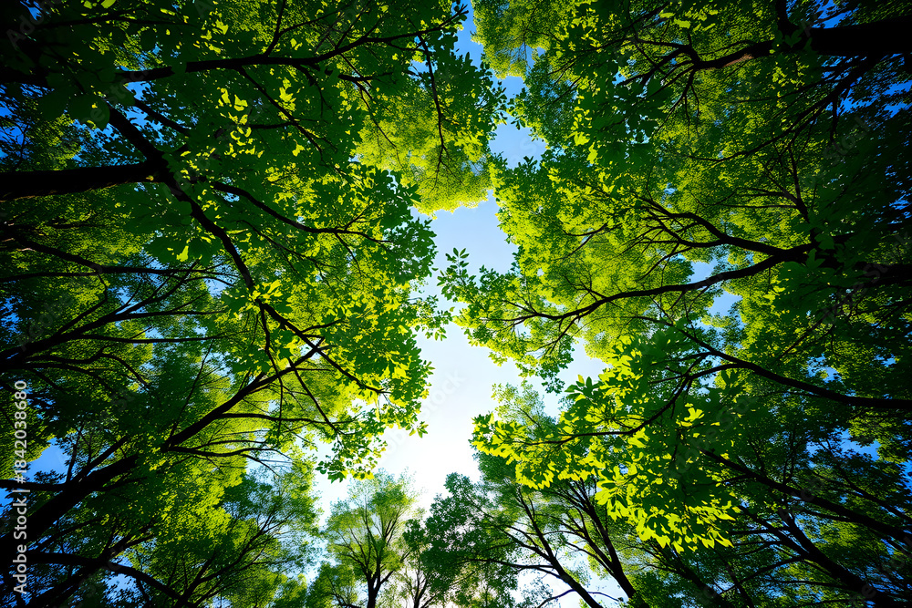 Fototapeta premium Lush green forest canopy view looking up to sky