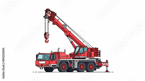 Vibrant Red Mobile Crane Truck – Heavy Lifting Construction Vehicle Vector Illustration