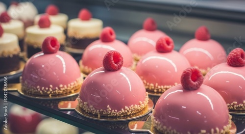 Elegant pink glazed raspberry dome cakes displayed in a bakery