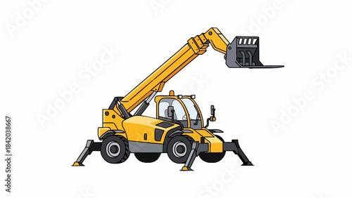 Vibrant Yellow Telehandler Illustration with Extended Boom and Forks, Ready for Heavy Lifting Tasks