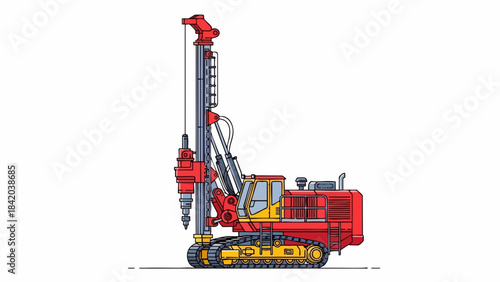 Powerful Red Tracked Drilling Rig - Geotechnical Construction Machinery Vector Art