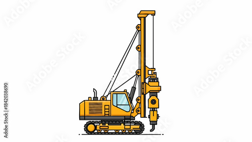 Yellow Tracked Foundation Drilling Rig Icon. Heavy Construction Machine for Piling and Borehole Excavation.