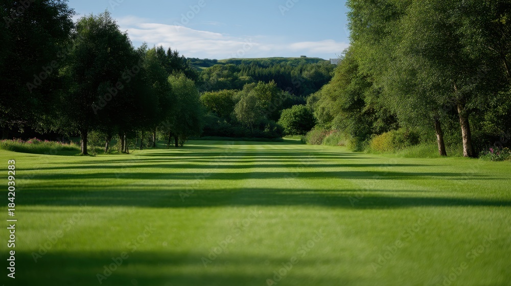 Naklejka premium Serene Green Landscape with Perfectly Mown Grass Rows and Green Foliage Under Clear Sky