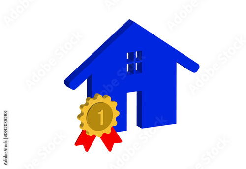 Simple 3D illustration of a house icon with a medal