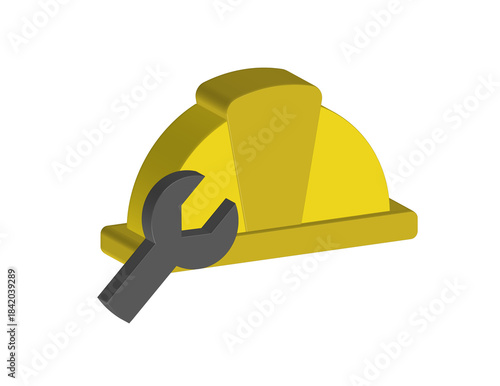 Simple 3D illustration of a safety helmet icon with a tool