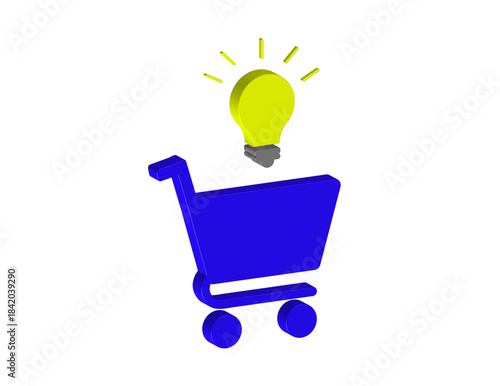 Simple 3D illustration of a shopping cart icon with a light bulb