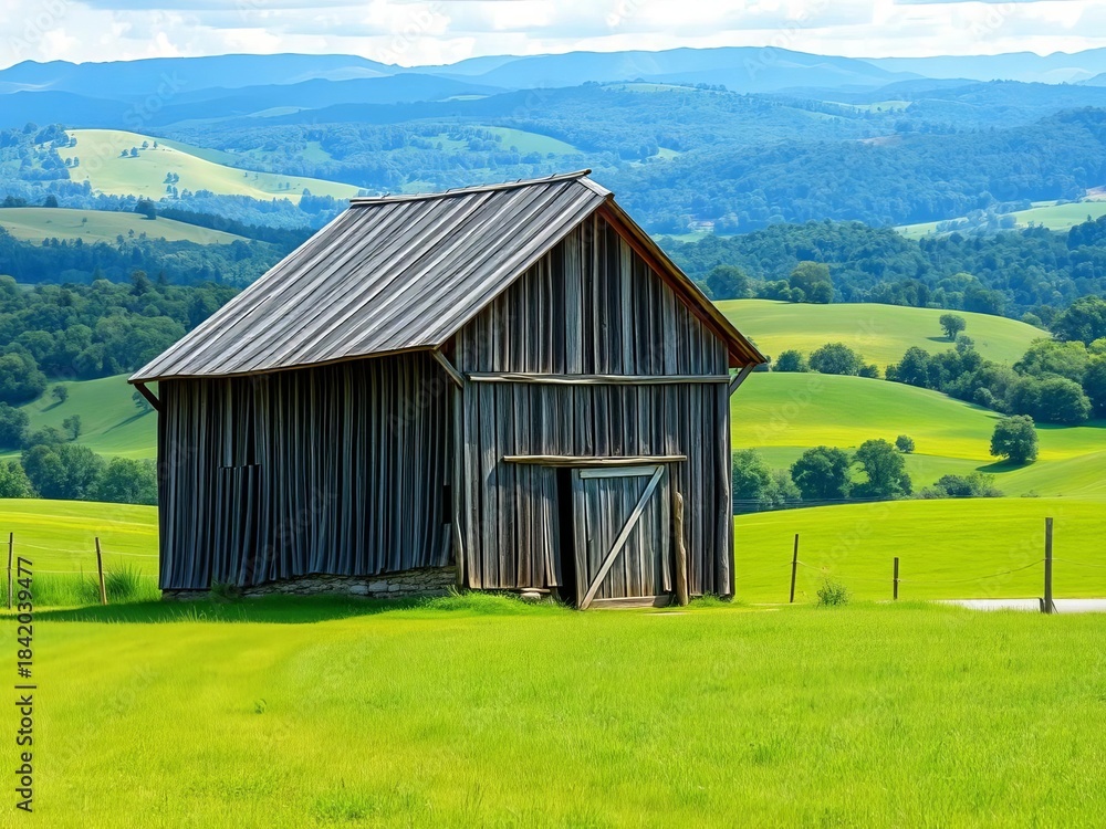 Obraz premium A rustic barn stands weathered against a backdrop of rolling green hills and distant trees, countryside, nature