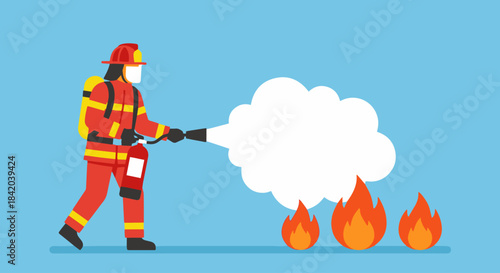 “Firefighter Using Fire Extinguisher”
Flat vector illustration of a firefighter spraying foam, simplified extinguisher shape, solid white foam cloud, minimal fire icons.