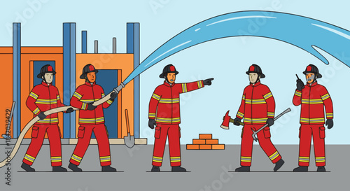 “Firefighter Team at Work”
Flat vector group of firefighters coordinating, holding hose and tools, solid-colour uniforms, simple construction of scene.