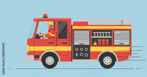  “Firefighter Driving Fire Truck”
Flat vector firefighter inside fire truck, truck drawn with geometric solid blocks, bold reds, minimal cue lines.