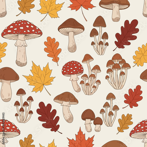 Seamless autumn pattern with hand drawn forest mushrooms and colorful fall leaves. Vector Illustrations. EPS Editable