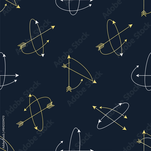 Seamless archery pattern with stylized bows and flying arrows on a dark blue background. Vector Illustrations. EPS Editable