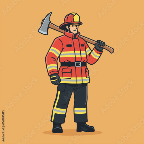 “Firefighter Standing Ready with Axe”
Flat vector firefighter standing confidently with axe, simple solid-color background, strong silhouette, clean minimal details.