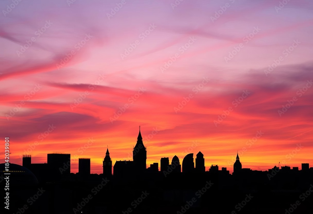 Fototapeta premium Iconic London skyline silhouette at twilight, dark against a vibrant sky, contrast, westminster