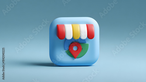 3D Google Maps Business Icon with Location Pin and Storefront graphic design isolated on a transparent background