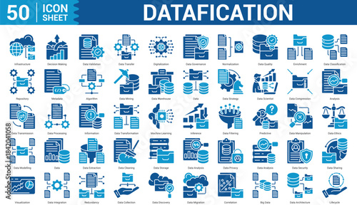 Datafication two color glyph Icon Set Collection Concept With Icon Of Enrichment, Repository, Metadata, Algorithm, and more. Illustration eps 10